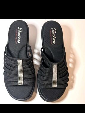 Skechers Memory Foam Black Slip-On Sandal with Rhinestone Accent